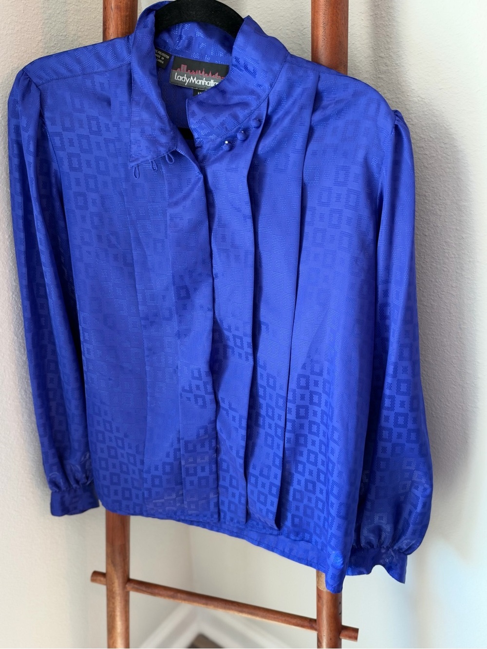 Vintage Lady Manhattan Royal Blue Long-Sleeve Pleated Blouse sz 12